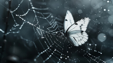 white delicate butterfly trapped in a spider's web, fragility and vulnerability of mental health, copyspace