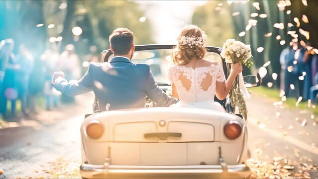 Happy beautiful wedding couple in just married car on a country road