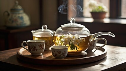 A pot of aromatic jasmine tea with flowers, next to a teacup on a wooden tray.