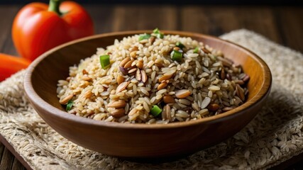 A bowl of nutty brown rice with vegetables on a rustic table
