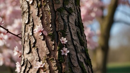 Fototapeta premium A macro shot of a cherry blossom tree trunk with rough bark and pink flowers, capturing springtime