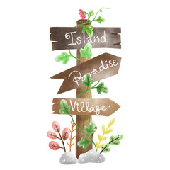 Village sign with beautiful plants of the garden.