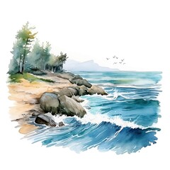 Fototapeta premium Coastal waves. Coastal waves clipart. Watercolor illustration. Generative AI. Detailed illustration.