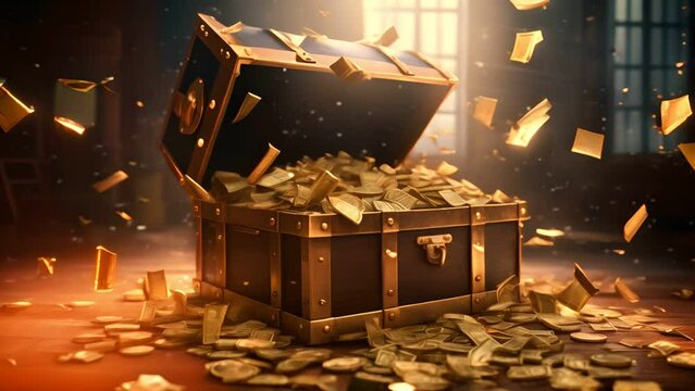 Treasure chest with gold coins isolated , Scattered gold