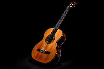 Naklejka premium Six-string guitar on a dark background. Stringed acoustic instrument, isolated on black.