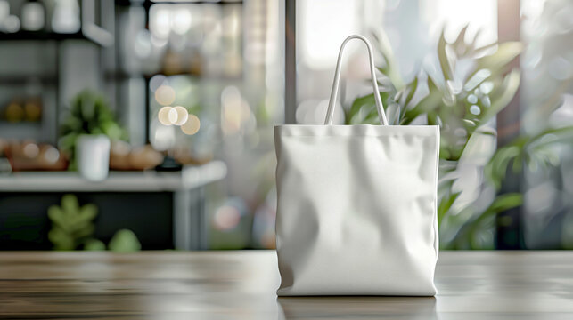 A white fabric tote bag on a wooden table with a blurred cafe or kitchen background, ideal for showcasing branding or design mockups in a professional setting.
