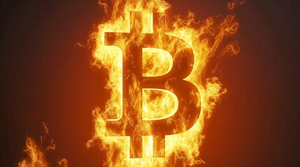 Burning Bitcoin in flames and fire sparkles Removing number of tokens from circulation Cryptocurrency concept