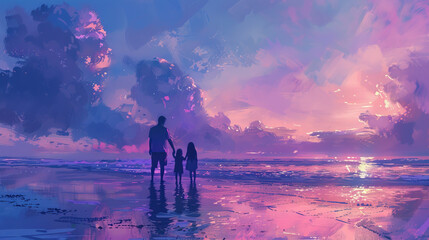 black silhouette of super dad or father and child, fathers day special, on watercolor beach background art