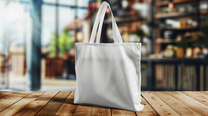 Mockup of a blank white tote bag placed on a wooden table in a blurred indoor setting, ideal for showcasing custom designs or branding.
