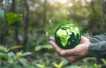 A man holding green earth with virtual environmental icons
