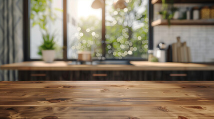 Fototapeta premium Bright and cozy kitchen interior with a polished wooden countertop in the foreground, large windows, and sunlight streaming in. Potted plants and kitchen utensils are blurred in the background.