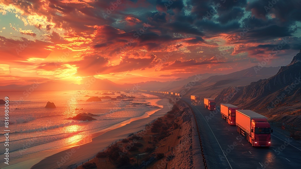 Poster a dynamic image capturing a professional delivery truck navigating through a bustling interstate hig