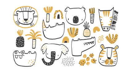 Vector set clipart collection with African, tropical animals. Crocodile, koala, zebra, rhinoceros, elephant, tiger, hippo, lion. Tropical trees, palm, fruits and rainbows. Hand-drawn illustration. © ZHUKO