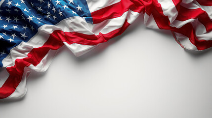 Close up of waving national USA flag isolated on white background. Memorial Day, 4th of July independence day, Old textile flag of USA as a patriotic background. Generative AI Illustrations.