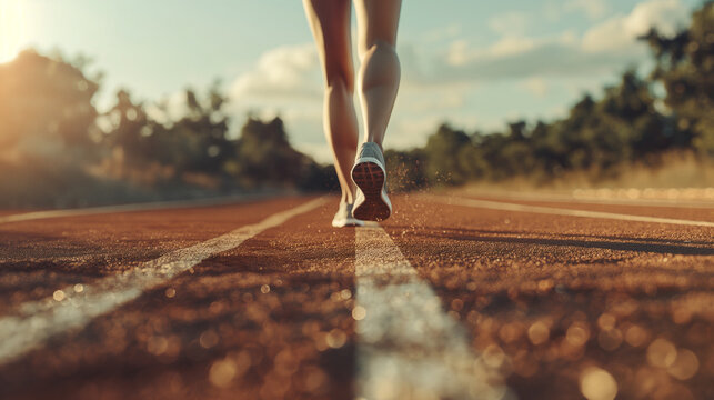 Legs view of athlete running girl at running race track. Sports girl training, determination of sprinter runer, Fitness and wellness. 
