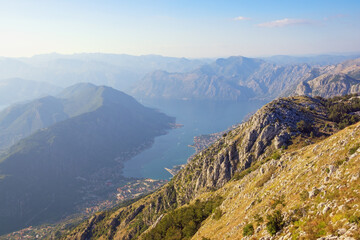 Beautiful  Mediterranean landscape.  Montenegro, view of Bay of Kotor and Vrmac mountain