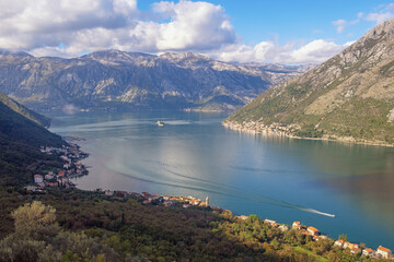 Beautiful autumn Mediterranean landscape. Montenegro, Adriatic Sea, view of coast of Kotor Bay, Stoliv town and Perast town from Gornji Stoliv