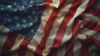 Close up of waving national USA flag on old background. Memorial Day, 4th of July independence day, Old textile flag of USA as a patriotic background. Generative AI Illustrations.