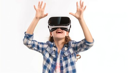 Beautiful Kid Experiencing Virtual Reality, Touching Air, Isolated on White Background