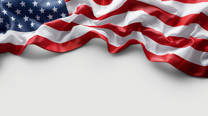 Close up of waving national USA flag isolated on white background. Memorial Day, 4th of July independence day, Old textile flag of USA as a patriotic background. Generative AI Illustrations.