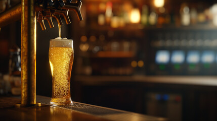 Close up view of pouring beer into a glass from a draught beer tap in a pub. Alcohol beverage.