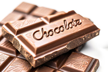 Close up of milk chocolate with engraving over white background