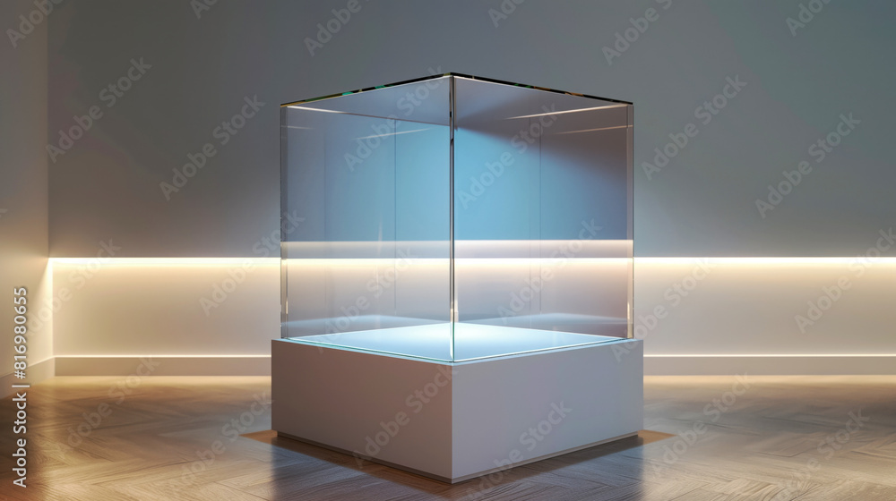 Poster A modern empty glass display case with a white base, illuminated by soft ambient lighting, designed for showcasing valuable items in a minimalist setting.