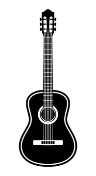 Acoustic guitar silhouette shape, black and white vector illustration of classical stringed musical instrument