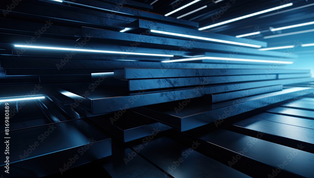 Poster a modern image composed of blue squares arranged in a stacked formation, suggesting depth and dimens