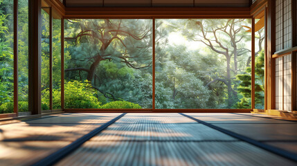 A serene interior space with large windows offering a panoramic view of a lush, sunlit forest. The room features traditional wooden and shoji screen elements, creating a calming atmosphere.