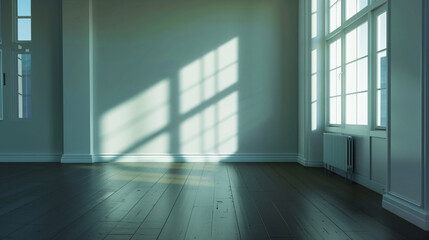 Obraz premium A bright and minimalistic empty room featuring large windows allowing ample natural light. The wooden floor and shadows create a calm and inviting atmosphere.