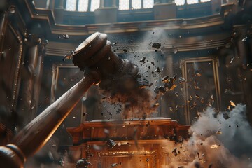 3d digital art illustration of a shattered justice concept with a gavel and broken glass pieces exploding in a courtroom