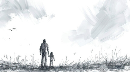 black and white rear view sketch of super dad or father and child, fathers day special	