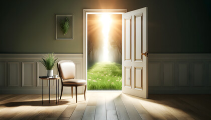 concept of "Good opportunities are always available." It features a serene room with an open door leading to a lush landscape, symbolizing opportunity and growth.