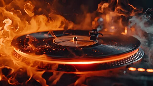 A turntable with a vinyl record playing amidst a warm, smoke-filled atmosphere with ambient lighting, suggesting a cozy, nostalgic, or intimate music listening experience.