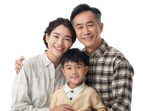 Asian family portrait with mother, father and little son posing over isolated transparent background