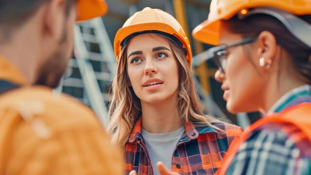 An attractive European female inspection engineer conversing with a group of construction workers, her hard hat bridging the gap between expertise and collaboration.