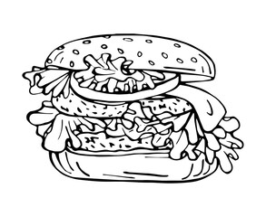 Fast food. Cheeseburger illustration, delicious popular food, vector image. Stylized images of food from fast food restaurants. Burger drawing