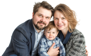 Caucasian family of three with couple in their forties with a baby boy. Isolated over transparent background