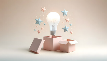 concept of an opened gift box with a sparkling light bulb emerging from it, all rendered in soft pastel colors.