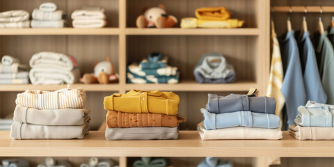 Neat stacks of folded clothes on the shop shelves. Nature colored shirts, blouses and sweaters in a neatly organized clothing store.