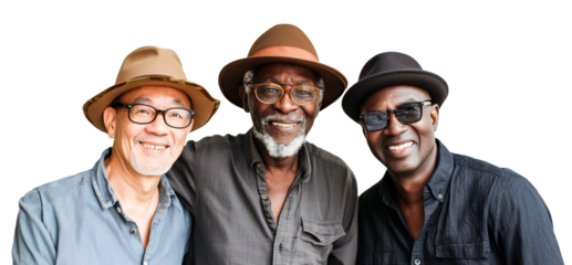Three senior retires group of multi ethnic men posing against isolated transparent background