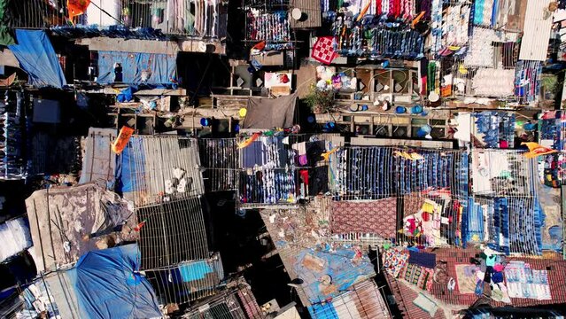 Dhobi slums Mumbai, India, laundry area, Aerial view. Dhobi Ghat is the biggest laundry service in Mumbai