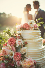 Beautiful traditional wedding cake decorated with flowers in outdoor wedding venue, with bride and groom on the background.