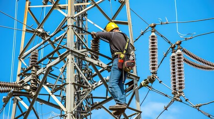 Mastering the heights, a male electrician maintains our power grid.
