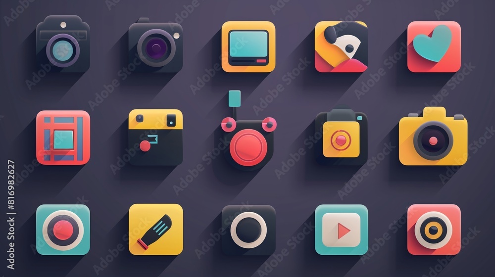 Poster array of colorful flat design icons featuring various camera and video themes on a dark background, 