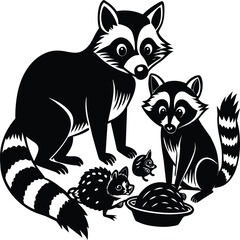 Raccoons silhouette black white vector illustration
