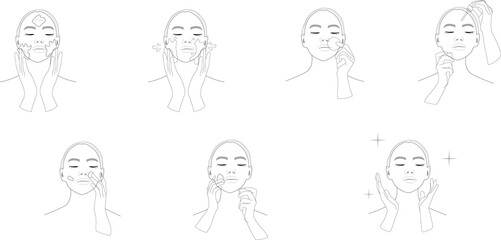 Skin care black line icons set. Woman face with a different facial procedures: cleansing, toning, moisturizing. Vector illustration. Beauty concept. 