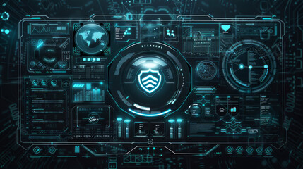 High-tech antivirus software interface with shield and lock icons