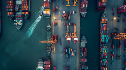 Busy transport with cranes loading and unloading containers from multiple ships docked at the harbor.